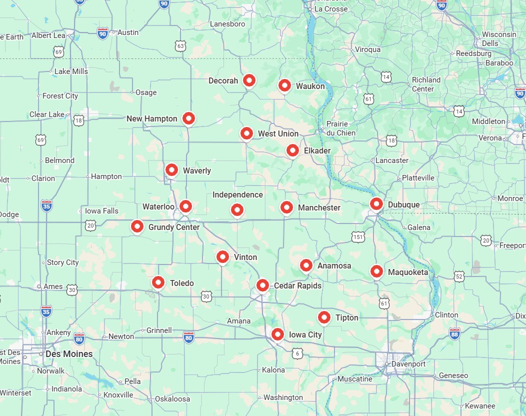 Map of the OnlyStumps service area across 18 eastern Iowa counties